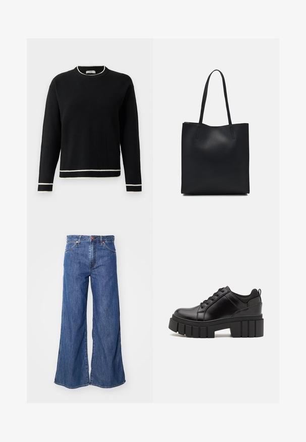 Sweater preto de manga longa com decote redondo, com acabamento branco no colarinho, nos punhos e na bainha, exibido contra um fundo branco liso.; Jeans de ganga azul de perna larga com cintura alta, apresentando bolsos frontais e botões padrão na cintura, exibindo uma textura suave e um design clássico.; Sapatos de plataforma em couro preto com um salto bloco robusto, bico redondo e design clássico de atacadores. Apresentam uma textura suave e detalhes mínimos.; Bolsa tote preta em couro com textura lisa, forma retangular e duas alças longas. Sem hardware ou enfeites visíveis.
