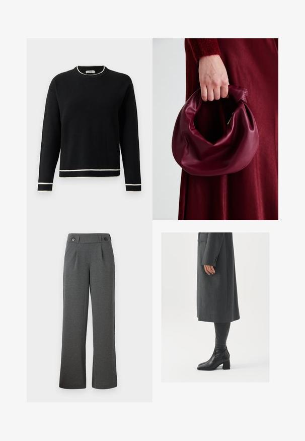 Sweater preto de manga longa com decote redondo, com acabamento branco no colarinho, nos punhos e na bainha, exibido contra um fundo branco liso.; Calças largas cinzentas feitas de tecido texturizado, com uma cintura alta, pregas frontais e dois botões na cintura.; Casaco cinza, ajustado, com corte reto; combinado com botas de couro pretas até ao joelho, com biqueira quadrada e salto grosso.; Bolsa de couro bordô com um design suave e franzido, e uma forma arredondada. A alça é fixa, apresentando uma textura suave.