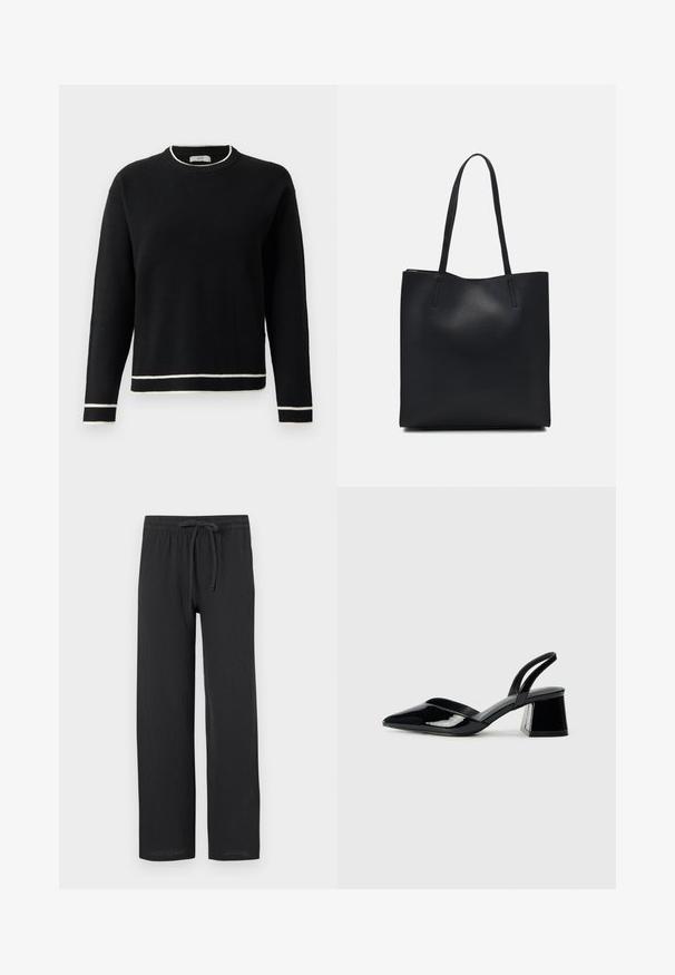 Black long-sleeve crewneck sweater with white trim on collar, cuffs, and hem, displayed against a plain white background.; Black pants with a relaxed fit, crafted from textured fabric, featuring an elastic waistband and drawstring for adjustable sizing.; Black patent leather slingback heels with a pointed toe and a geometric block heel. Features a sleek, minimal design and smooth texture.; Black leather tote bag with smooth texture, rectangular shape, and two long handles. No visible hardware or embellishments.