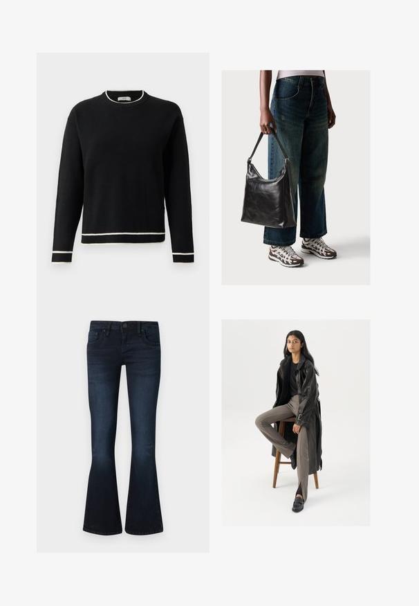 Černý svetr s dlouhým rukávem a kulatým výstřihem s bílým lemováním na límci, manžetách a spodním okraji, umístěný na čistém bílém pozadí.; Tmavě modré dámské bootcut džíny s předním knoflíkem, designem pěti kapes a mírným vyblednutím na stehnech a kolenou na jednobarevném pozadí.; Černý kožený trenčkota s knoflíky a detailem pásku, kombinovaný s světle hnědými úzkými kalhotami a černými mokasínami, sedící na dřevěném stoličce.; Černá kožená kabelka přes rameno se hladkým povrchem a nastavitelným popruhem, spárovaná s vybledlými džínami širokého střihu a sportovními teniskami.