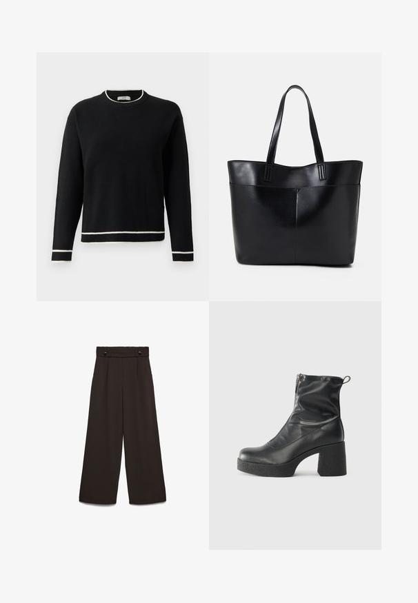 Čierny sveter s dlhým rukávom a okrúhlym výstrihom, s bielym lemovaním na golieri, manžetách a dolnom okraji, vystavený na jednoduchom bielom pozadí.; Nohavice so širokými nohavicami v tmavohnedej tkanine, s vysokým pásom, dvoma prednými vreckami a dvoma prednými gombíkmi na zapínanie. Hladká textúra.; Čierne členkové topánky z hladkej kože, so bočným zipsom, robustnou textúrovanou pätnou časťou a zaobleným dizajnom špičky.; Čierna kožená tote taška s dvoma dlhými rúčkami, hladkým povrchom a štruktúrovaným tvarom. Obsahuje prednú kapsu pre dodatočné uskladnenie.