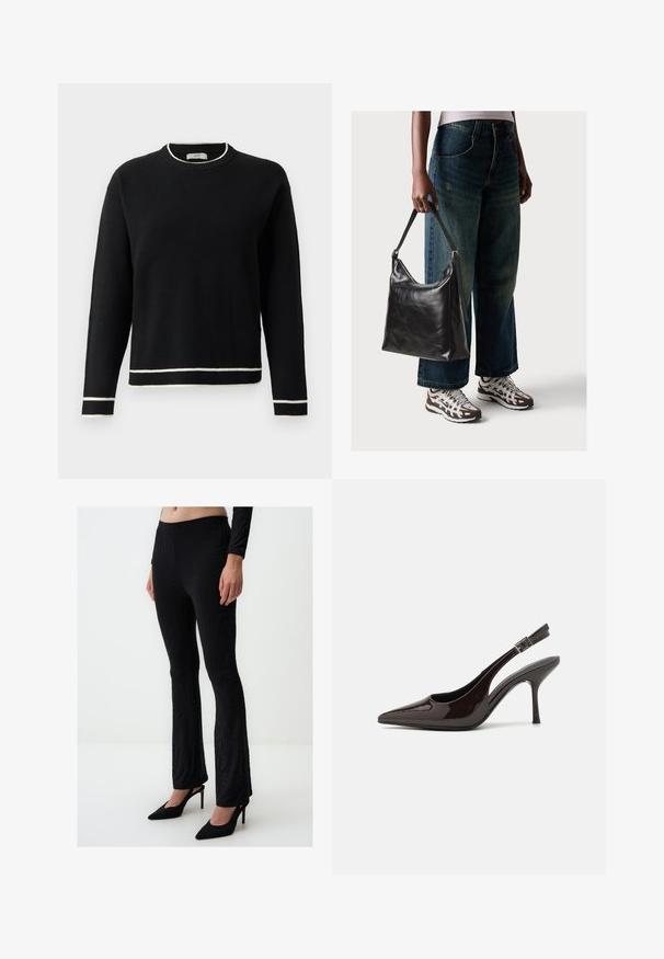 Zwarte langjarige crewneck trui met witte afwerking op de kraag, manchetten en zoom, weergegeven tegen een effen witte achtergrond.; Zwarte flare-broek met een golvend textuurpatroon. Gemaakt van rekbaar materiaal, met een hoge tailleband en gecombineerd met zwarte hakken.; Slingback hoge hak schoen in glanzend donkerbruin patentleer, puntige neus, open zijkanten en verstelbare enkelband.; Zwarte leren schoudertas met een gladde textuur en een verstelbare strap, gecombineerd met vervaagde wijde jeans en sportieve sneakers.