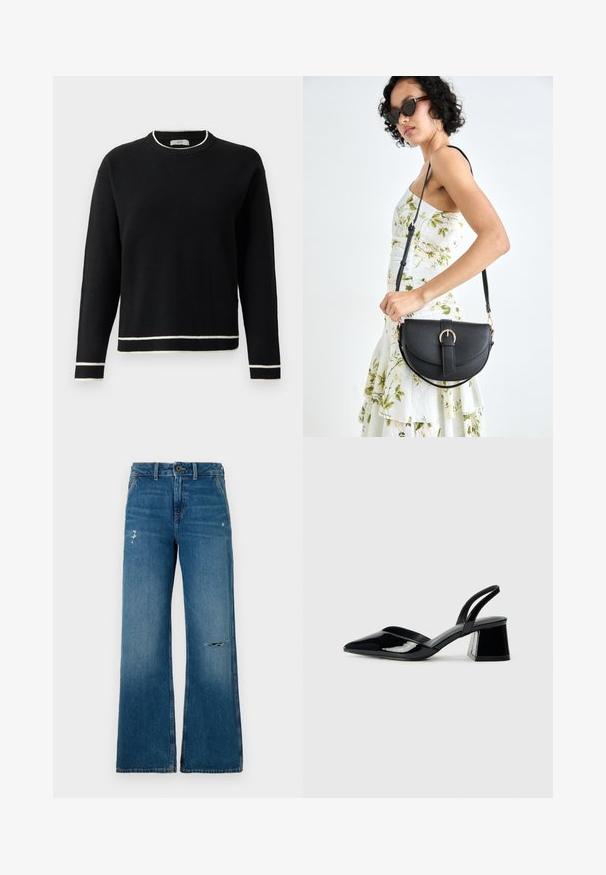 Crna dukserica dugih rukava s okruglim izrezom, s bijelim rubom na ovratniku, manžetama i donjem dijelu, prikazana na jednostavnoj bijeloj pozadini.; Plave traperice širokih nogavica s izblijedjelom teksturom, koje imaju dva oštećena područja na prednjoj strani, zatvaranje na gumbe i dizajn s pet džepova.; Crne lakirane kožne sandale s otvorenom petom i špicastim vrhom, s geometrijskom blok petom. Imaju elegantan, minimalistički dizajn i glatku teksturu.; Crna kožna torba s lukovitim oblikom, odvojivim remenom i zlatnim detaljima. Torba ima preklop s kopčom.