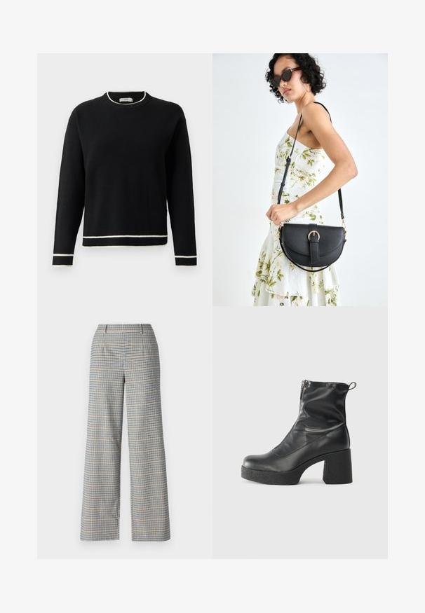 Pull noir à manches longues avec col rond, orné de détails blancs au col, aux poignets et à l'ourlet, présenté sur un fond blanc uni.; Pantalons à jambes larges dans un motif à carreaux beige, marine et noir. Présente deux poches avant et un tissu lisse et structuré.; Bottes noires à la cheville en cuir lisse, dotées d'une fermeture éclair sur le côté, d'un talon épais texturé et d'une conception à bout rond.; Sac à main en cuir noir avec une forme courbée, bandoulière amovible et des accessoires en or. Le sac est doté d'un rabat avec un détail de boucle.