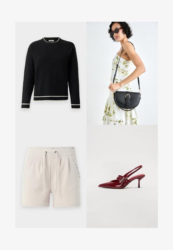 Črni pulover z dolgimi rokavi in okroglim izrezom, z belim obrobo na ovratniku, manšetah in spodnjem robu, prikazan na enobarvni beli podlagi.; Svetlo bež kratke hlače z elastičnim pasom, žicom za zategovanje, stranskimi žepi in nabranimi detajli ob robovih žepov. Mehka tekstura tkanine.; Rde lakirane sandalete na peto s ostrim nosom, dvema sponkami in tanko, srednje visokim peto središče. Gladka tekstura.; Črna usnjena torbica s ukrivljeno obliko, z odstranljivo naramnico in zlatimi dodatki. Torbica ima pokrov s podrobnostmi v obliki zaponke.