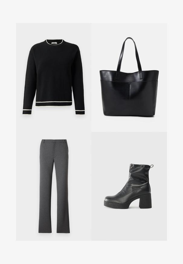 Mustade pika varrukaga ümar kaelusega sviiter, millel on valge ääris krael, varrukatel ja allääres, esitatud lihtsa valge tausta ees.; Hallid hallid püksid sirge sääre disainiga. Valmistatud tekstureeritud kangast, millel on lame esiosa ja vöökohad. Pole nähtavaid mustreid ega riistvara.; Mustad mustad ansapüksid, mis on valmistatud siledast nahast, külje zipperiga, paksu tekstuuriga kontsaga ja ümmarguse nina disainiga.; Must mustaga musta nahast, millel on kaks pikka kanda, sile tekstuur ja struktureeritud kuju. Esipoolsel on lisakoti jaoks tasku.