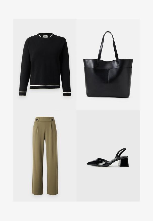 Mustade pika varrukaga ümar kaelusega sviiter, millel on valge ääris krael, varrukatel ja allääres, esitatud lihtsa valge tausta ees.; Oliivrohelised, laiad püksid kõrge vöökohaga, milles on kaks musta nööpi vööl ja ees lõhikud. Sile kangatekstuur.; Mustad musta lakknahk kingad, millel on terav varvas ja geomeetriline plokkkonts. Omab elegantselt minimalistlikku disaini ja sujuvat tekstuuri.; Must mustaga musta nahast, millel on kaks pikka kanda, sile tekstuur ja struktureeritud kuju. Esipoolsel on lisakoti jaoks tasku.