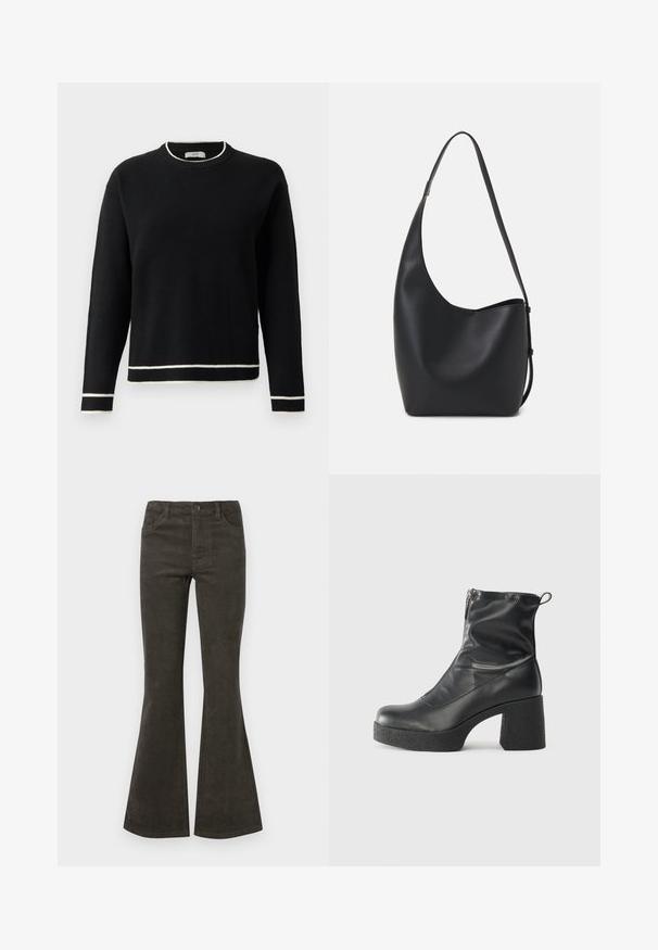 Schwarzer Langarm-Pullover mit Rundhalsausschnitt und weißen Akzenten an Kragen, Bündchen und Saum, vor einem schlichten weißen Hintergrund präsentiert.; Schmale Cordhosen in dunkelolivgrün, mit Knopf- und Reißverschluss, fünf Taschen und subtiler Ripptextur.; Schwarze Stiefeletten aus glattem Leder mit seitlichem Reißverschluss, klobigem strukturiertem Absatz und runder Zehenform.; Schwarze Leder-Hobo-Tasche mit einer glatten Textur, geschwungener Form und einem einzelnen verstellbaren Tragegurt; verfügt über eine weite Öffnung am oberen Ende.