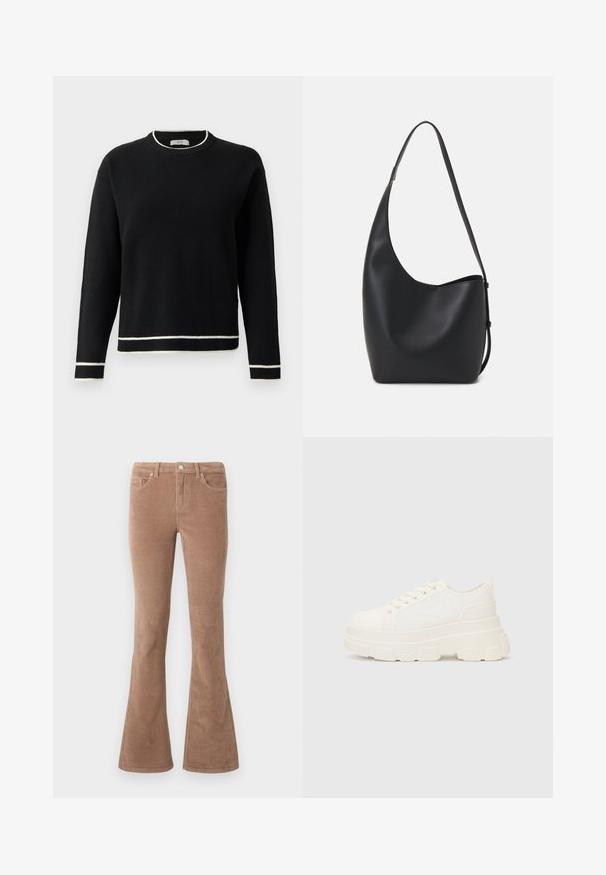 Suéter negro de manga larga con cuello redondo y ribete blanco en el cuello, los puños y el dobladillo, exhibido sobre un fondo blanco liso.; Pantalones de pana marrón acampanados con una superficie texturizada, que cuentan con cinco bolsillos, cierre de botón y trabillas para el cinturón.; Zapatilla de lona blanca con suela gruesa, punta redonda y cinco ojales para los cordones. Lengüeta trasera para facilitar el uso. Textura suave, diseño minimalista.; Bolso tipo hobo de cuero negro con una textura suave, forma curvada y una sola correa ajustable; presenta una amplia apertura en la parte superior.