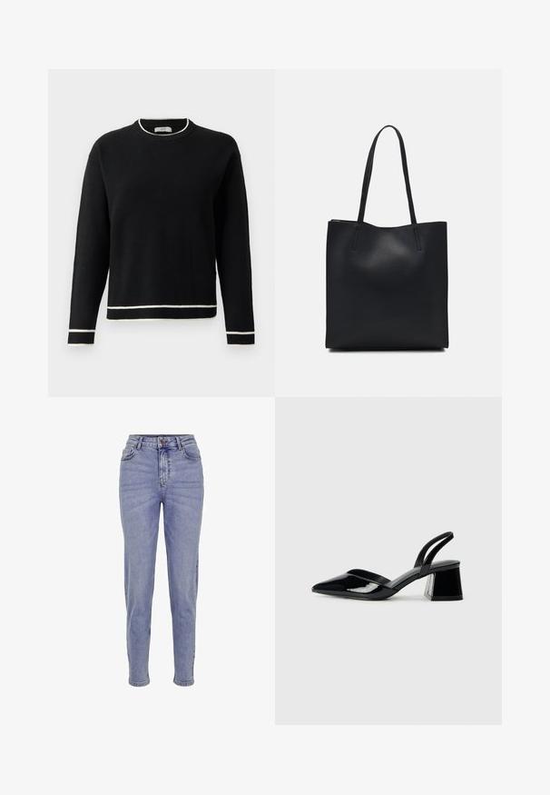 Pulover negru cu mânecă lungă și guler rotund, având margini albe la guler, manșete și tiv, expus pe un fundal alb simplu.; Jeans din denim de culoare albastră deschisă, cu talie înaltă, dotate cu fermoar și închidere cu nasture, cinci buzunare și croi drept.; Pantofi cu toc slingback din piele lacuită neagră, cu vârf ascuțit și toc geometric. Prezintă un design elegant, minimalist și o textură netedă.; Geantă tote neagră din piele, cu textură netedă, formă rectangulară și două mânere lungi. Fără hardware vizibil sau ornamente.