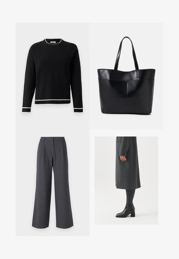 Fekete, hosszú ujjú, kerek nyakú pulóver fehér díszítéssel a galléron, az ujjak végén és az alsó szegélyen, sima fehér háttér előtt.; Szürke, bő szárú nadrág texturált anyagból, elöl redőkkel, szabott derékkal és tiszta végződéssel a bokánál.; Szürke, szabott overál, egyenes vonallal; térd fölé érő fekete bőrcsizmákkal párosítva, négyzetes orral és vastag sarokkal.; Fekete bőr bevásárlótáska két hosszú fogantyúval, sima felülettel és strukturált formával. Elülső zseb található rajta a plusz tárolás érdekében.
