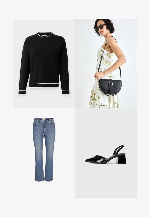 Black long-sleeve crewneck sweater with white trim on collar, cuffs, and hem, displayed against a plain white background.; Mid-blue straight-leg denim jeans with front button and zipper closure, belt loops, and front and back pockets.; Black patent leather slingback heels with a pointed toe and a geometric block heel. Features a sleek, minimal design and smooth texture.; Black leather handbag with a curved shape, detachable strap, and gold hardware. The bag features a flap with a buckle detail.