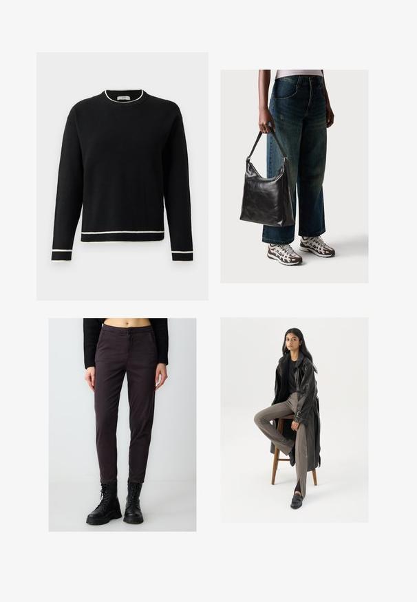 Schwarzer Langarm-Pullover mit Rundhalsausschnitt und weißen Akzenten an Kragen, Bündchen und Saum, vor einem schlichten weißen Hintergrund präsentiert.; Dunkelgraue, enganliegende Hose aus Baumwollmischung mit Knopfverschluss und Seitentaschen, kombiniert mit schwarzen Schnürschuhen.; Schwarzer Leder-Trenchcoat mit Knöpfen und Gürtel-Detail, kombiniert mit hellbraunen, taillierten Hosen und schwarzen Slippern, sitzt auf einem Holzschemel.; Schwarze Leder-Schultertasche mit glatter Textur und verstellbarem Riemen, kombiniert mit ausgewaschenen weit geschnittenen Jeans und sportlichen Sneakern.