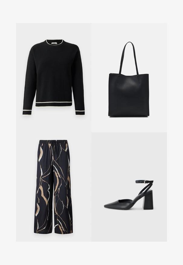 Black long-sleeve crewneck sweater with white trim on collar, cuffs, and hem, displayed against a plain white background.; Wide-leg trousers in a dark navy fabric, featuring a bold abstract pattern in beige and white. Elastic waistband with drawstring detail.; Black leather pointy-toe pump with an ankle strap and a chunky heel. Flat texture, sleek design, and minimalistic aesthetics.; Black leather tote bag with smooth texture, rectangular shape, and two long handles. No visible hardware or embellishments.