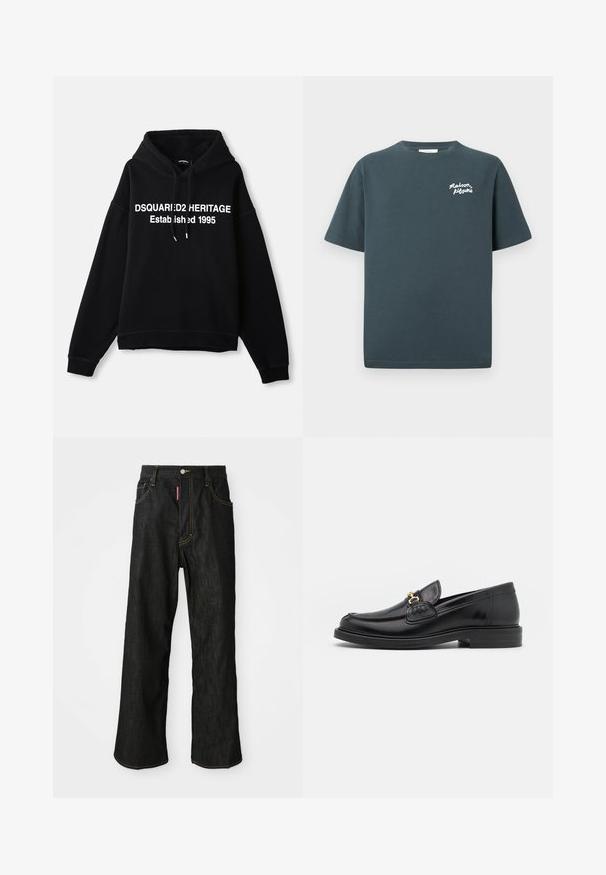Mustat fleece-hupparit, joissa on keskellä valkoinen graafinen teksti "DSQUARED2 HERITAGE Established 1995." Sisältää etutaskun ja nyörillisen hupun.; Miestne tmavosivé bavlnené tričko s krátkymi rukávmi, klasickým okrúhlym výstrihom a bielym logom "Maison Kitsuné" vytlačeným na ľavej strane hrude.; Mustat suorat farkut, joissa on keltaista ommeltua, viiden taskun muotoilu, napituskiinnitys ja pieni punainen etiketti etuosan oikeassa taskussa.; Musta nahkainen loafers-tyylinen kengät, joissa on pyöreä kärki, kultaiset yksityiskohdat ja ompelutiedot, asetettu matalalle, teksturoidulle kumipohjalle.