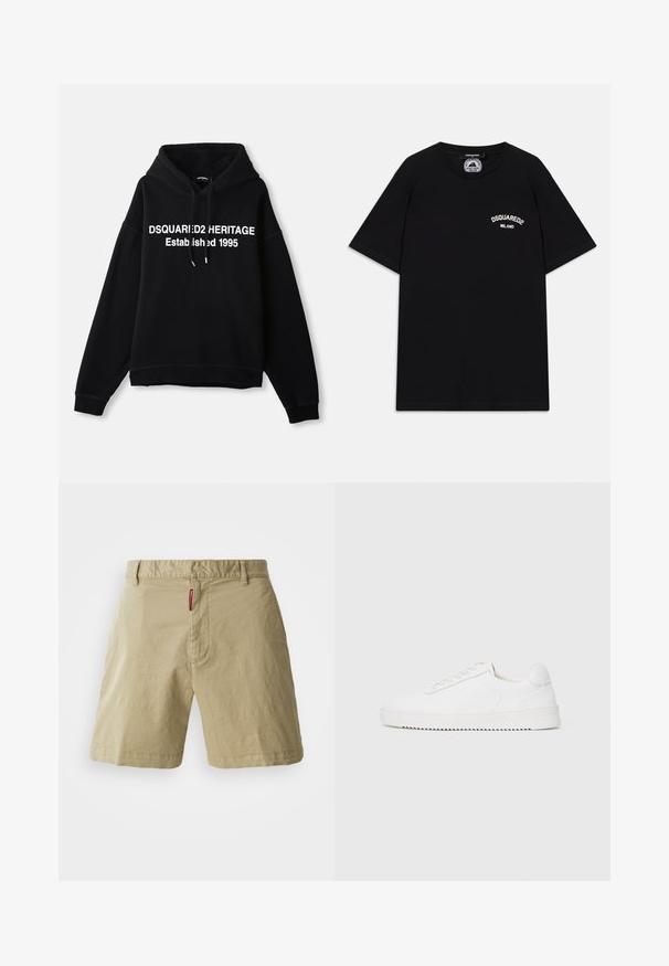 Schwarzer Fleece-Hoodie mit einem zentralen weißen Grafikslogan, der "DSQUARED2 HERITAGE Established 1995" liest. Verfügt über eine Fronttasche und eineKordelzugkapuze.; Schwarz Baumwoll-T-Shirt mit kurzen Ärmeln, mit weißem "DSQUARED2 MILANO" Logo auf der Brust. Rundhalsausschnitt, glatte Textur.; Beige Baumwollshorts mit flacher Vorderseite, Knopfverschluss und Gürtelschlaufen. Verfügt über eine dezente Textur und ein kleines rotes Markenlabel am Bund.; Weißer Sneaker mit einem Obermaterial aus glattem Leder, abgerundetem Zehenbereich, Schnürsenkeln, strukturierten seitlichen Akzenten und einer dicken Gummisohle. Minimalistisches Design.