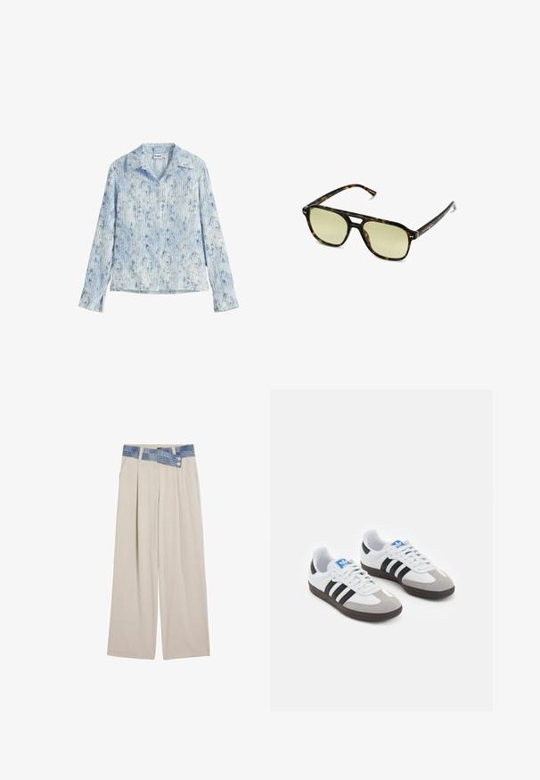 Knit sweater with wave patterns in blue and white, featuring a cream-colored round neck and ribbed cuffs and hem. Textured design throughout.; Lightweight, long-sleeve blouse in light blue with vertical stripes and floral patterns. Features a notched collar and button closure.; Light beige wide-leg trousers with a denim waistband featuring two buttons and pleated front details. Smooth texture and relaxed fit.; Sport shoes with a white leather upper, gray suede toe, and three black stripes. Features a blue logo on the tongue and a textured rubber sole.; Tortoiseshell sunglasses with a rectangular shape, green-tinted lenses, and patterned acetate frames. Features metal accents near the lenses.
