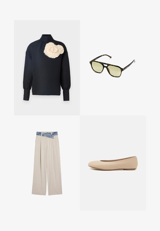 Maglione a maglia con motivi a onda in blu e bianco, caratterizzato da un collo rotondo color crema e polsini e orlo a coste. Design testurizzato su tutto il capo.; Maglietta nera a maniche lunghe con superficie texture, caratterizzata da una rosa testurizzata di colore crema sulla spalla sinistra. Collo alto, maniche aderenti.; Pantaloni larghi beige chiaro con vita in denim, caratterizzati da due bottoni e dettagli plissettati sul davanti. Tessuto morbido e vestibilità rilassata.; Ballerine in pelle beige con punta arrotondata, dettagli di cucitura minimi, tacco basso e logo discreto sul retro. Texture liscia e opaca.; Occhiali da sole tartaruga con forma rettangolare, lenti con tonalità verde e montatura in acetato decorata. Presentano dettagli metallici vicino alle lenti.