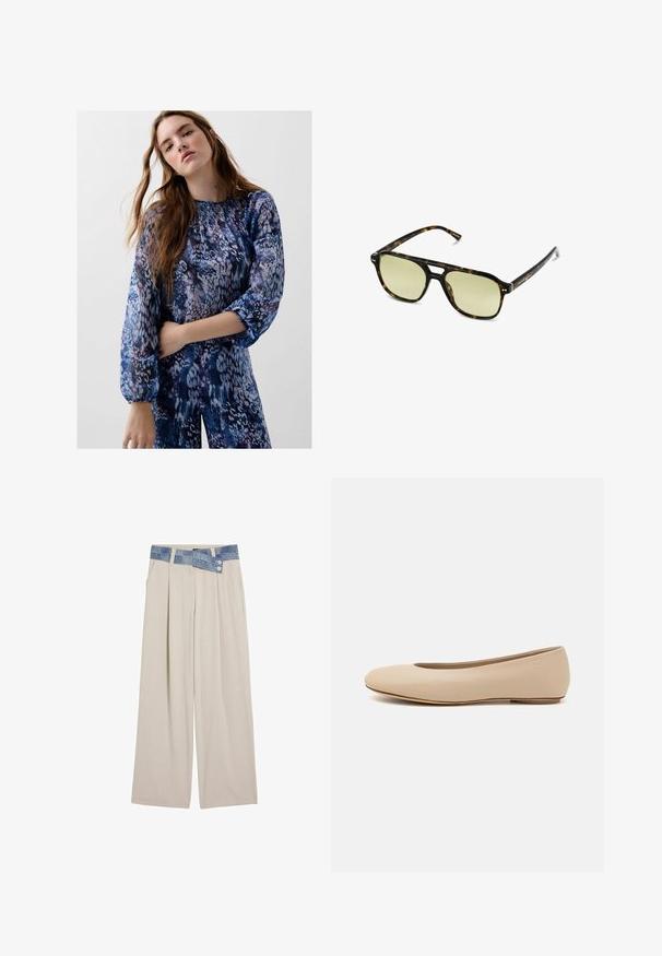 Pull en tricot avec des motifs de vagues en bleu et blanc, présentant un col rond couleur crème et des poignets et un ourlet côtelés. Design texturé sur l'ensemble.; Blouse à manches longues bleue et violette à motif, avec un col froncé et des poignets élastiques, fabriquée dans un tissu doux et texturé.; Pantalons larges beige clair avec une ceinture en denim comportant deux boutons et des détails plissés à l'avant. Texture lisse et coupe décontractée.; Ballerines en cuir beige avec un bout arrondi, un minimum de coutures, un petit talon et un logo subtil à l'arrière. Texture lisse et mate.; Lunettes de soleil écaille de tortue avec une forme rectangulaire, des verres teintés de vert et des montures en acétate à motifs. Présente des accents en métal près des verres.