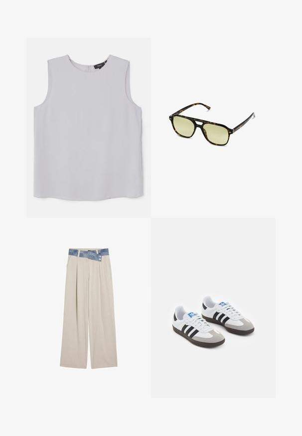 Maglione a maglia con motivi a onda in blu e bianco, caratterizzato da un collo rotondo color crema e polsini e orlo a coste. Design testurizzato su tutto il capo.; Top senza maniche di un grigio chiaro, realizzato in tessuto morbido. Presenta un collo rotondo e una zip nascosta sul retro per la chiusura.; Pantaloni larghi beige chiaro con vita in denim, caratterizzati da due bottoni e dettagli plissettati sul davanti. Tessuto morbido e vestibilità rilassata.; Scarpe sportive con tomaia in pelle bianca, punta in suede grigia e tre strisce nere. Presentano un logo blu sulla linguetta e una suola in gomma testurizzata.; Occhiali da sole tartaruga con forma rettangolare, lenti con tonalità verde e montatura in acetato decorata. Presentano dettagli metallici vicino alle lenti.