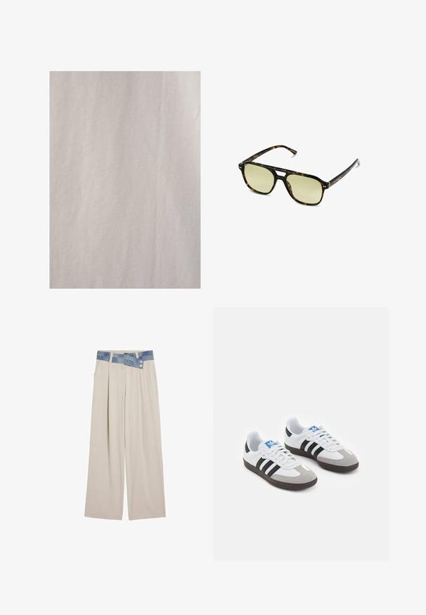 Maglione a maglia con motivi a onda in blu e bianco, caratterizzato da un collo rotondo color crema e polsini e orlo a coste. Design testurizzato su tutto il capo.; Touché Privé RIBBED - Camicia - Beige; Pantaloni larghi beige chiaro con vita in denim, caratterizzati da due bottoni e dettagli plissettati sul davanti. Tessuto morbido e vestibilità rilassata.; Scarpe sportive con tomaia in pelle bianca, punta in suede grigia e tre strisce nere. Presentano un logo blu sulla linguetta e una suola in gomma testurizzata.; Occhiali da sole tartaruga con forma rettangolare, lenti con tonalità verde e montatura in acetato decorata. Presentano dettagli metallici vicino alle lenti.
