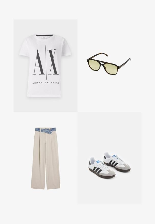 Jersey de punto con patrones en forma de ola en azul y blanco, con cuello redondo en color crema y puños y dobladillo acanalados. Diseño texturizado en toda la prenda.; Camiseta de algodón blanca con el logotipo negro "AX" y el texto "ARMANI EXCHANGE". Cuello redondo clásico, mangas cortas y ajuste relajado.; Pantalones de pierna ancha en un beige claro con una cintura de mezclilla que cuenta con dos botones y detalles de pliegues en el frente. Textura suave y ajuste relajado.; Zapatillas deportivas con parte superior de piel blanca, puntera de ante gris y tres rayas negras. Presentan un logo azul en la lengüeta y una suela de goma texturizada.; Gafas de sol carey con forma rectangular, lentes con tinte verde y montura de acetato con patrones. Presentan acentos metálicos cerca de las lentes.