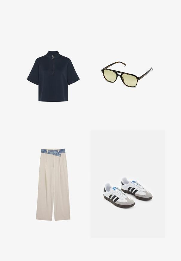 Maglione a maglia con motivi a onda in blu e bianco, caratterizzato da un collo rotondo color crema e polsini e orlo a coste. Design testurizzato su tutto il capo.; Kaffe KASIF  - T-shirt basic - midnight marine; Pantaloni larghi beige chiaro con vita in denim, caratterizzati da due bottoni e dettagli plissettati sul davanti. Tessuto morbido e vestibilità rilassata.; Scarpe sportive con tomaia in pelle bianca, punta in suede grigia e tre strisce nere. Presentano un logo blu sulla linguetta e una suola in gomma testurizzata.; Occhiali da sole tartaruga con forma rettangolare, lenti con tonalità verde e montatura in acetato decorata. Presentano dettagli metallici vicino alle lenti.