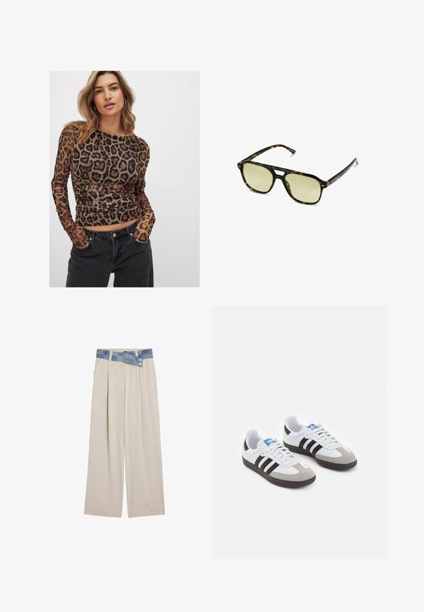 Neulepaita, jossa on aaltoilumallit sinisessä ja valkoisessa, ja jonka kaula-aukko on vaaleancremellä pyöreä sekä resorit hihoissa ja helmakohdassa. Koko vaatteessa on teksturoitu muotoilu.; Pitkähihaiseen leopardi-kuosisessa paidassa on rypytetty muotoilu, joka koostuu läpikuultavasta kankaasta ruskeissa ja mustissa sävyissä. Yhdistetty tummiin farkkuihin.; Vaaleanbeige leveät housut, joissa on denim-vyötärö ja kaksi nappia sekä pleatattu etuosa. Liukas pinta ja rento istuvuus.; Urheilukengät, joissa on valkoinen nahkainen päällinen, harmaa mokkanokka ja kolme mustaa raitaa. Ominaisuuksina sininen logo kielekkeessä ja kuvioitu kumipohja.; Aurinkolasit kilpikonnakuosisella kehysrakenteella, joissa on suorakulmainen muoto, vihertävät linssit ja kuvioitu asetaattikehys. Kehyksissä on metalliset yksityiskohdat linssien lähellä.