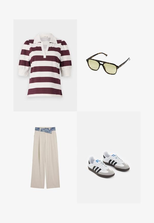 Gestrickter Pullover mit Wellenmustern in Blau und Weiß, ausgestattet mit einem cremefarbenen Rundhalsausschnitt sowie gerippten Bündchen und Saum. Strukturiertes Design durchgehend.; Polohemd mit kurzen Ärmeln in burgunderroten und weißen horizontalen Streifen, mit einem kragenlosen Halsauschnitt und gepufften Ärmeldetails.; Hellbeige weite Hose mit einem Denim-Bund, der zwei Knöpfe und gefältelte Frontdetails aufweist. Sanfte Textur und lockere Passform.; Sportschuhe mit einem Obermaterial aus weißem Leder, grauer Wildleder-Zehenkappe und drei schwarzen Streifen. Sie verfügen über ein blaues Logo auf der Zunge und eine strukturierte Gummisohle.; Schildkrötensonnenbrille mit rechteckiger Form, grün getönten Gläsern und gemusterten Acetatrahmen. Verfügt über metalliche Akzente in der Nähe der Gläser.
