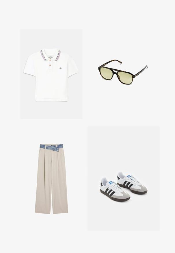 Neulepaita, jossa on aaltoilumallit sinisessä ja valkoisessa, ja jonka kaula-aukko on vaaleancremellä pyöreä sekä resorit hihoissa ja helmakohdassa. Koko vaatteessa on teksturoitu muotoilu.; Valkoinen polo paita, jossa on purppura- ja mustaviiruinen kaulus, kaksi ruskeaa nappia sekä brodeerattu logo rinnassa. Lyhyet hihat.; Vaaleanbeige leveät housut, joissa on denim-vyötärö ja kaksi nappia sekä pleatattu etuosa. Liukas pinta ja rento istuvuus.; Urheilukengät, joissa on valkoinen nahkainen päällinen, harmaa mokkanokka ja kolme mustaa raitaa. Ominaisuuksina sininen logo kielekkeessä ja kuvioitu kumipohja.; Aurinkolasit kilpikonnakuosisella kehysrakenteella, joissa on suorakulmainen muoto, vihertävät linssit ja kuvioitu asetaattikehys. Kehyksissä on metalliset yksityiskohdat linssien lähellä.