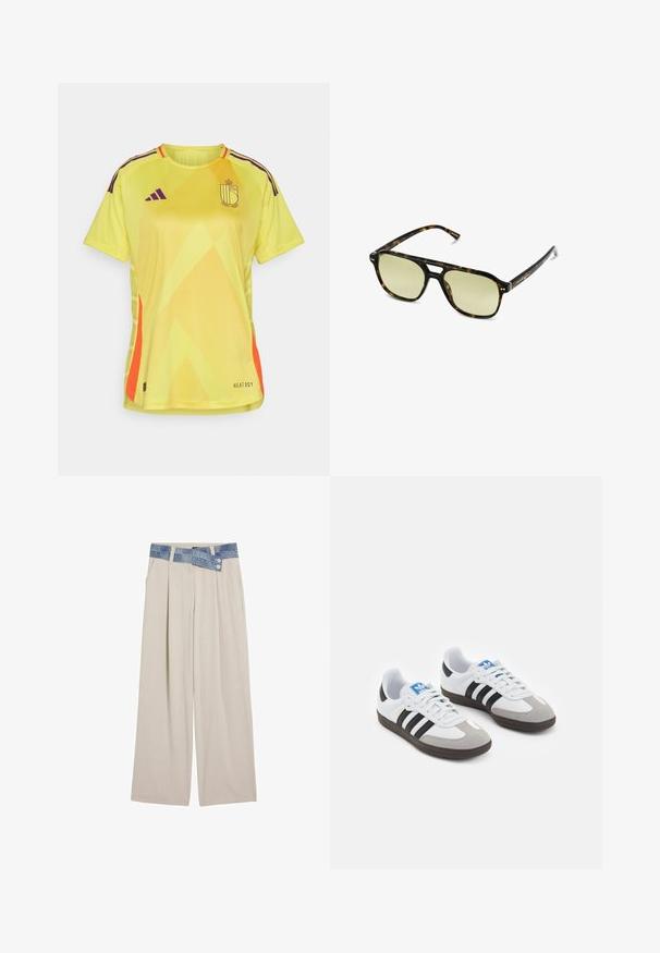 Strikket sweater med bølgemønstre i blå og hvid, med en cremefarvet rund halsudskæring og ribbede manchetter og kant. Tekstureret design hele vejen igennem.; Lys gul kortærmet trøje med vinklede mønstre, lilla skulderstriber og orange accenter. Har "HEAT.RDY" branding.; Lys beige vidde bukser med en denimlivrem, der har to knapper og plisserede frontdetaljer. Glat tekstur og afslappet pasform.; Sportsko med en overdel i hvid læder, grå ruskind på tåen og tre sorte striber. Har et blåt logo på tungen og en struktureret gummisål.; Skildpaddemønstrede solbriller med rektangulær form, grønfarvede linser og mønstrede acetatstel. Har metaldetaljer nær linserne.
