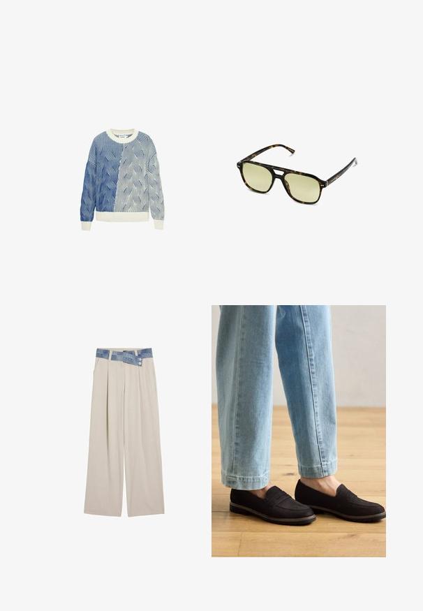 Pletený svetr s vlnitými vzory v modré a bílé, se smetanovým kulatým výstřihem a žebrovanými manžetami a spodním okrajem. Texturovaný design po celé ploše.; Světlé béžové kalhoty s širokým střihem a denimo páskem, který má dva knoflíky a skladby na přední části. Hladká textura a uvolněný střih.; Černé semišové mokasíny s plochou podrážkou a akcentovaným šitím, obuté s lehce modrými, mírně zkrácenými džíny na dřevěné podlaze.; Brýle ve stylu želvoviny s obdélníkovým tvarem, zelenými skly a vzorovanými acetátovými rámy. Obsahují kovové akcenty poblíž skel.