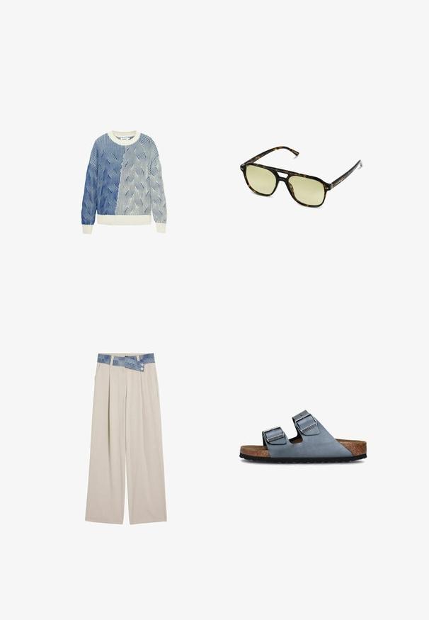 Knit sweater with wave patterns in blue and white, featuring a cream-colored round neck and ribbed cuffs and hem. Textured design throughout.; Light beige wide-leg trousers with a denim waistband featuring two buttons and pleated front details. Smooth texture and relaxed fit.; Two-strap sandals made of soft blue leather with a cork footbed and black rubber outsole. Features shiny silver buckles on each strap.; Tortoiseshell sunglasses with a rectangular shape, green-tinted lenses, and patterned acetate frames. Features metal accents near the lenses.