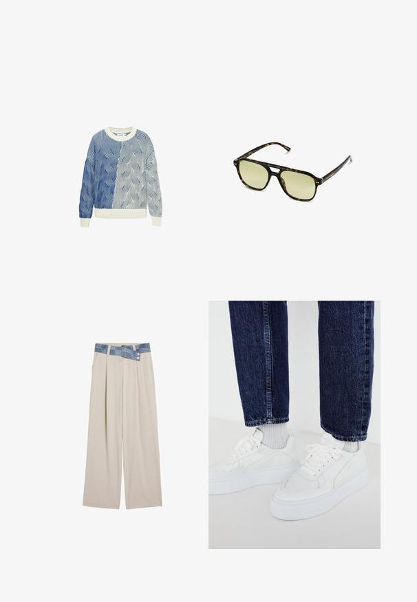 Maglione a maglia con motivi a onda in blu e bianco, caratterizzato da un collo rotondo color crema e polsini e orlo a coste. Design testurizzato su tutto il capo.; Pantaloni larghi beige chiaro con vita in denim, caratterizzati da due bottoni e dettagli plissettati sul davanti. Tessuto morbido e vestibilità rilassata.; Sneaker bianche con design testurizzato e suole spesse, abbinate a calze a coste grigie chiare e jeans in denim blu scuro.; Occhiali da sole tartaruga con forma rettangolare, lenti con tonalità verde e montatura in acetato decorata. Presentano dettagli metallici vicino alle lenti.
