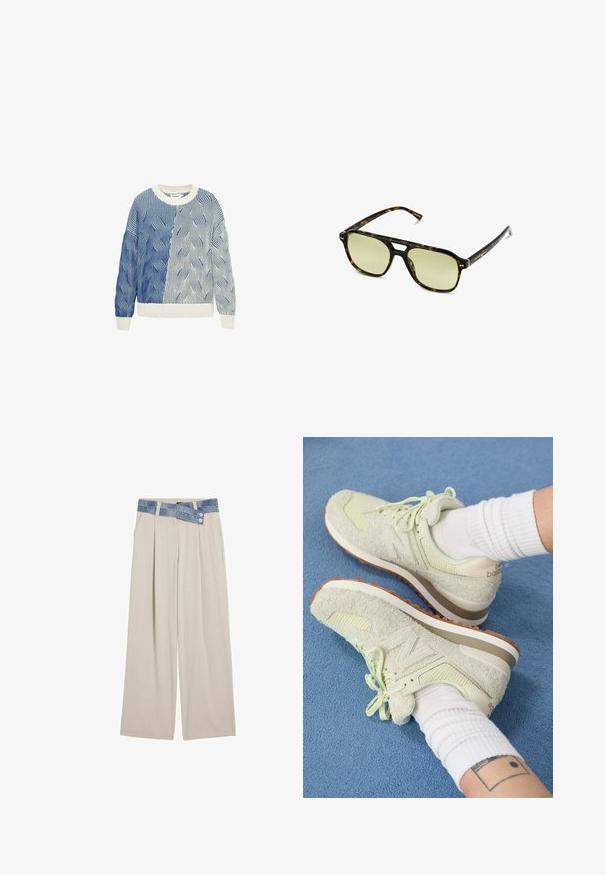Maglione a maglia con motivi a onda in blu e bianco, caratterizzato da un collo rotondo color crema e polsini e orlo a coste. Design testurizzato su tutto il capo.; Pantaloni larghi beige chiaro con vita in denim, caratterizzati da due bottoni e dettagli plissettati sul davanti. Tessuto morbido e vestibilità rilassata.; Sneakers New Balance verde chiaro con suede e mesh testurizzati, dotati di un design con lacci e suola in gomma marrone, poggiati su un tappeto blu.; Occhiali da sole tartaruga con forma rettangolare, lenti con tonalità verde e montatura in acetato decorata. Presentano dettagli metallici vicino alle lenti.