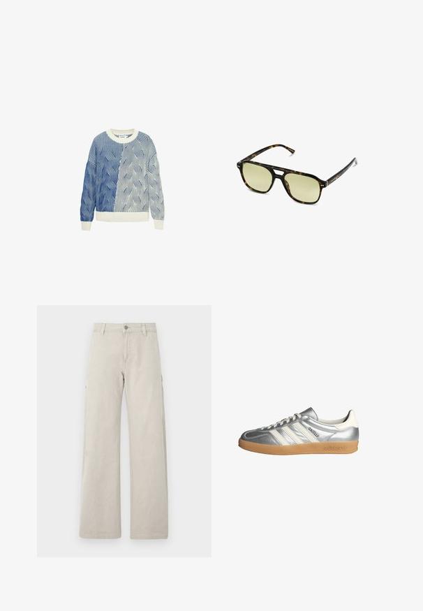 Pletený svetr s vlnitými vzory v modré a bílé, se smetanovým kulatým výstřihem a žebrovanými manžetami a spodním okrajem. Texturovaný design po celé ploše.; Beige cargo kalhoty se širokým rovnými nohavicemi, se bočními kapsami a zapínáním na knoflík, vyrobené z odolného bavlněného materiálu.; Stříbrné tenisky s bílými akcenty, se třemi pruhy, kulatou špičkou a gumovou podešví. Texturovaný metalický materiál.; Brýle ve stylu želvoviny s obdélníkovým tvarem, zelenými skly a vzorovanými acetátovými rámy. Obsahují kovové akcenty poblíž skel.
