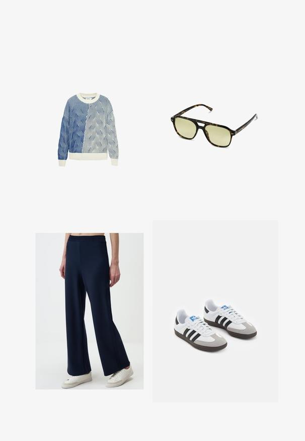 Gestrickter Pullover mit Wellenmustern in Blau und Weiß, ausgestattet mit einem cremefarbenen Rundhalsausschnitt sowie gerippten Bündchen und Saum. Strukturiertes Design durchgehend.; Marinefarbene weitgeschnittene Hosen aus weichem Stoff, mit einem elastischen Bund und seitlichen Nähten für zusätzlichen Detailreichtum. Kombiniert mit weißen Turnschuhen.; Sportschuhe mit einem Obermaterial aus weißem Leder, grauer Wildleder-Zehenkappe und drei schwarzen Streifen. Sie verfügen über ein blaues Logo auf der Zunge und eine strukturierte Gummisohle.; Schildkrötensonnenbrille mit rechteckiger Form, grün getönten Gläsern und gemusterten Acetatrahmen. Verfügt über metalliche Akzente in der Nähe der Gläser.