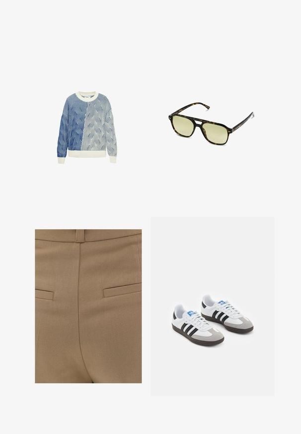 Pletený svetr s vlnitými vzory v modré a bílé, se smetanovým kulatým výstřihem a žebrovanými manžetami a spodním okrajem. Texturovaný design po celé ploše.; OXXO HIGH RISE  - Kalhoty - chinchilla; Sportovní boty s bílým koženým svrškem, šedou semišovou špičkou a třemi černými pruhy. Obsahují modré logo na jazyku a texturovanou gumovou podrážku.; Brýle ve stylu želvoviny s obdélníkovým tvarem, zelenými skly a vzorovanými acetátovými rámy. Obsahují kovové akcenty poblíž skel.