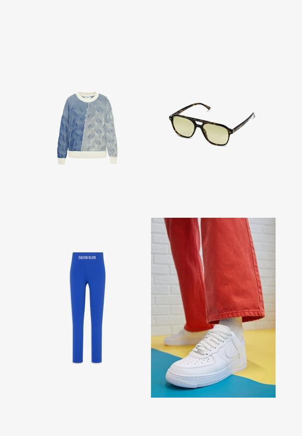 Gebreide trui met golfpatronen in blauw en wit, voorzien van een crèmekleurige ronde hals en geribde mouwen en zoom. Textuurontwerp door de hele trui.; Blauwe legging met een gladde, rekbare stof en een hoge tailleband met bovenaan een wit "CALVIN KLEIN" logo.; Witte leren sneaker met geperforeerde teenbox, gestructureerde zool en witte veters, gecombineerd met wijde rode broeken en een blauw-geel achtergrond.; Schildpadbril met een rechthoekige vorm, groengetinte lenzen en gepatterde acetaat montuur. Kenmerkt metalen accenten nabij de lenzen.