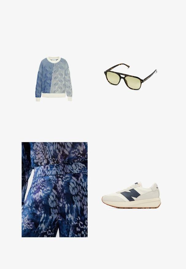 Gestrickter Pullover mit Wellenmustern in Blau und Weiß, ausgestattet mit einem cremefarbenen Rundhalsausschnitt sowie gerippten Bündchen und Saum. Strukturiertes Design durchgehend.; Blaues und lila gemustertes Stoff mit einer glatten Textur, das abstrakte Formen und einen taillierten Bund aufweist. Nahaufnahme der Kleidungsdetails.; Herrenschuhe in Creme und Marineblau, mit einem Obermaterial aus Wildleder und Mesh, Gummisohle und einem auffälligen marineblauen "N"-Logo an der Seite.; Schildkrötensonnenbrille mit rechteckiger Form, grün getönten Gläsern und gemusterten Acetatrahmen. Verfügt über metalliche Akzente in der Nähe der Gläser.