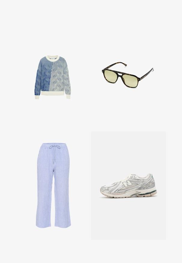 Knit sweater with wave patterns in blue and white, featuring a cream-colored round neck and ribbed cuffs and hem. Textured design throughout.; Blue and white striped trousers made of lightweight fabric, featuring an elastic waistband with a drawstring and straight-leg design.; Running shoe features a silver and white mesh upper with a green accent. The sole is chunky and textured, designed for cushioning and support.; Tortoiseshell sunglasses with a rectangular shape, green-tinted lenses, and patterned acetate frames. Features metal accents near the lenses.
