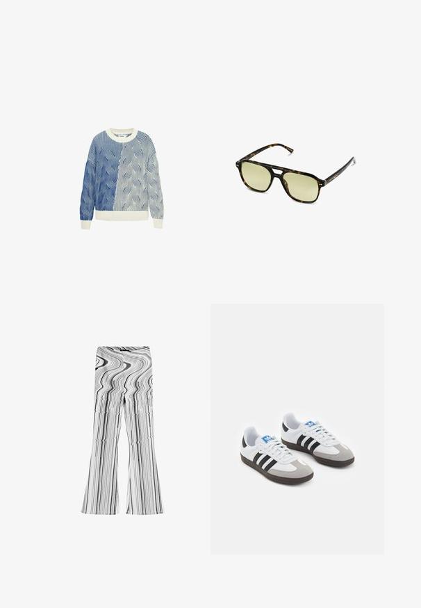 Pletený svetr s vlnitými vzory v modré a bílé, se smetanovým kulatým výstřihem a žebrovanými manžetami a spodním okrajem. Texturovaný design po celé ploše.; Černobílé zvonové kalhoty s vlnitým pruhovaným vzorem. Vyrobeny z hladkého materiálu s přiléhavým pasem a širokými nohavicemi.; Sportovní boty s bílým koženým svrškem, šedou semišovou špičkou a třemi černými pruhy. Obsahují modré logo na jazyku a texturovanou gumovou podrážku.; Brýle ve stylu želvoviny s obdélníkovým tvarem, zelenými skly a vzorovanými acetátovými rámy. Obsahují kovové akcenty poblíž skel.