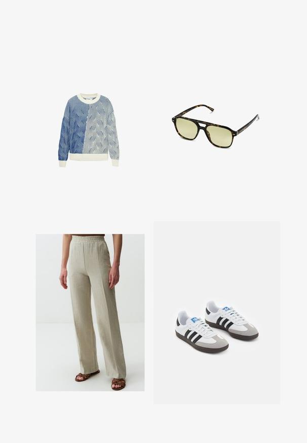 Sweter dziany z falistymi wzorami w kolorze niebieskim i białym, z okrągłym dekoltem w kolorze kremowym oraz ściągaczami na rękawach i dolnej krawędzi. Całość z teksturowanym wzorem.; Jasno beżowe lniane spodnie o szerokich nogawkach, teksturowana tkanina i elastyczny pas, w połączeniu z brązowymi sandałami na paski.; Buty sportowe z białą skórzaną cholewką, szarym zamszowym noskiem i trzema czarnymi paskami. Posiadają niebieskie logo na języku oraz teksturowaną gumową podeszwę.; Słoneczne okulary w kratkę w kształcie prostokąta, z soczewkami w zielonym odcieniu i wzorzystymi ramkami z acetatu. Posiadają metalowe akcenty w pobliżu soczewek.