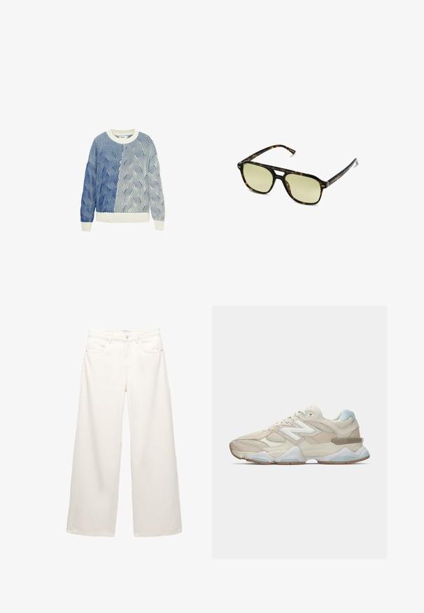 Strikket sweater med bølgemønstre i blå og hvid, med en cremefarvet rund halsudskæring og ribbede manchetter og kant. Tekstureret design hele vejen igennem.; Hvide bredbenede jeans lavet af denim med høj talje, som har forlommer og metalhardware på knappen og lynlåslukningen.; Beige og lyseblå mesh og suede atletiske sneakers med hvid "N" logo og chunky hvid og brun sål, sidevisning.; Skildpaddemønstrede solbriller med rektangulær form, grønfarvede linser og mønstrede acetatstel. Har metaldetaljer nær linserne.