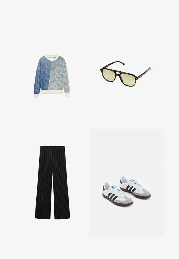Sweter dziany z falistymi wzorami w kolorze niebieskim i białym, z okrągłym dekoltem w kolorze kremowym oraz ściągaczami na rękawach i dolnej krawędzi. Całość z teksturowanym wzorem.; Czarne spodnie typu wide-leg z pionowym wzorem w prążki. Elastyczny pas, lekki materiał i gładka tekstura na całej powierzchni.; Buty sportowe z białą skórzaną cholewką, szarym zamszowym noskiem i trzema czarnymi paskami. Posiadają niebieskie logo na języku oraz teksturowaną gumową podeszwę.; Słoneczne okulary w kratkę w kształcie prostokąta, z soczewkami w zielonym odcieniu i wzorzystymi ramkami z acetatu. Posiadają metalowe akcenty w pobliżu soczewek.