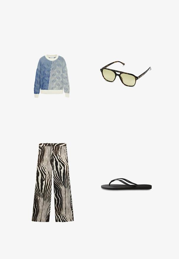Pull en tricot avec des motifs de vagues en bleu et blanc, présentant un col rond couleur crème et des poignets et un ourlet côtelés. Design texturé sur l'ensemble.; Pantalons larges avec un motif zèbre audacieux en noir et blanc, agrémentés de touches de marron ; fabriqués en tissu léger, avec une texture douce.; Tongs noires avec une semelle en caoutchouc texturée, deux fines lanières et un détail de logo embossé subtil sur la lanière.; Lunettes de soleil écaille de tortue avec une forme rectangulaire, des verres teintés de vert et des montures en acétate à motifs. Présente des accents en métal près des verres.