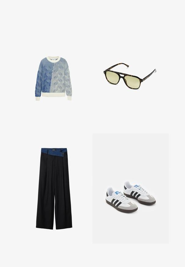 Gebreide trui met golfpatronen in blauw en wit, voorzien van een crèmekleurige ronde hals en geribde mouwen en zoom. Textuurontwerp door de hele trui.; Zwarte wijde broek met verticale streepjes en een contrasterende blauwe denim tailleband met twee knopen. Zachte stoftextuur.; Sportschoenen met een witte leren bovenkant, grijze suède neus en drie zwarte strepen. Bevat een blauw logo op de tong en een gestructureerde rubberen zool.; Schildpadbril met een rechthoekige vorm, groengetinte lenzen en gepatterde acetaat montuur. Kenmerkt metalen accenten nabij de lenzen.