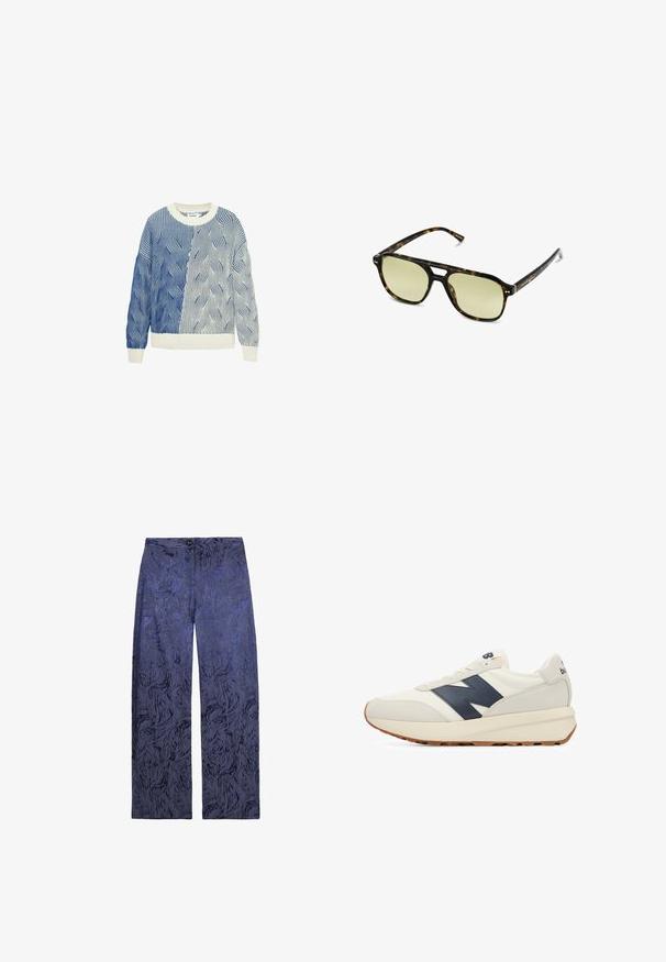 Gebreide trui met golfpatronen in blauw en wit, voorzien van een crèmekleurige ronde hals en geribde mouwen en zoom. Textuurontwerp door de hele trui.; Wijde broekspijpen in donkerblauw met een gestructureerd, abstract patroon. Voorzien van een knoopsluiting en zijzakken. Zachte stof met een gladde afwerking.; Heren sneakers in crème en marineblauw, met een bovenwerk van suede en mesh, rubberen zool en een opvallend marineblauw "N"-logo op de zijkant.; Schildpadbril met een rechthoekige vorm, groengetinte lenzen en gepatterde acetaat montuur. Kenmerkt metalen accenten nabij de lenzen.