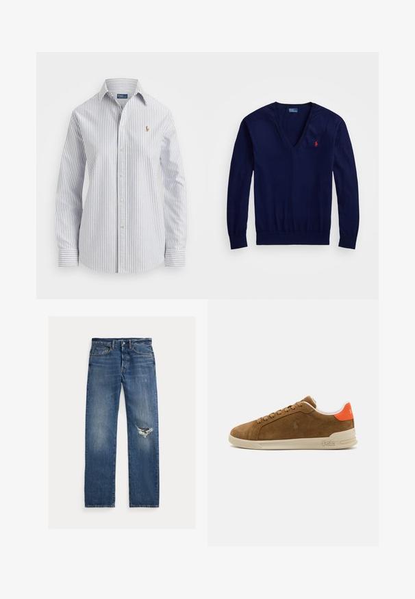 Suéter de manga larga de cuello en V color azul marino con el logo rojo bordado de Polo Ralph Lauren en el lado izquierdo del pecho, dispuesto sobre un fondo blanco.; Camisa de botones a rayas en azul claro y blanco, que cuenta con una tela suave, cuello clásico y un logo bordado en el pecho.; Jeans de mezclilla azul con un corte recto, que presentan una zona desgastada en la rodilla izquierda y un ligero desvanecimiento en toda la tela.; Zapatillas de ante marrón con una suela de goma crema, que presentan acentos naranjas en el talón y un pequeño logo en el lateral.