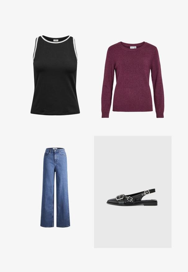Burgundy kötött pulóver kerek nyakkal, hosszú ujjakkal, bordázott mandzsettákkal és szegéllyel. Puha textúra, finoman melírozott megjelenéssel.; Fekete ujjatlan felső, puha anyagból készült, kerek nyakkivágással és fehér, fodros díszítéssel az élein.; Világoskék, széles szárú farmernadrág magas derékkal, két elülső zsebbel és látható varrással. Gombos és cipzáros záródás.; Fekete bőr slingback cipő, hegyes orral, két ezüst csattal és alacsony blokk sarkú. Texturált felsőrésszel és nyitott háttal rendelkezik.